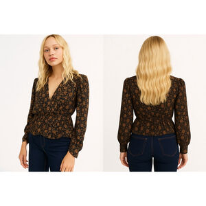 Women's Free People Black Brown Floral V-Neck Blouse L